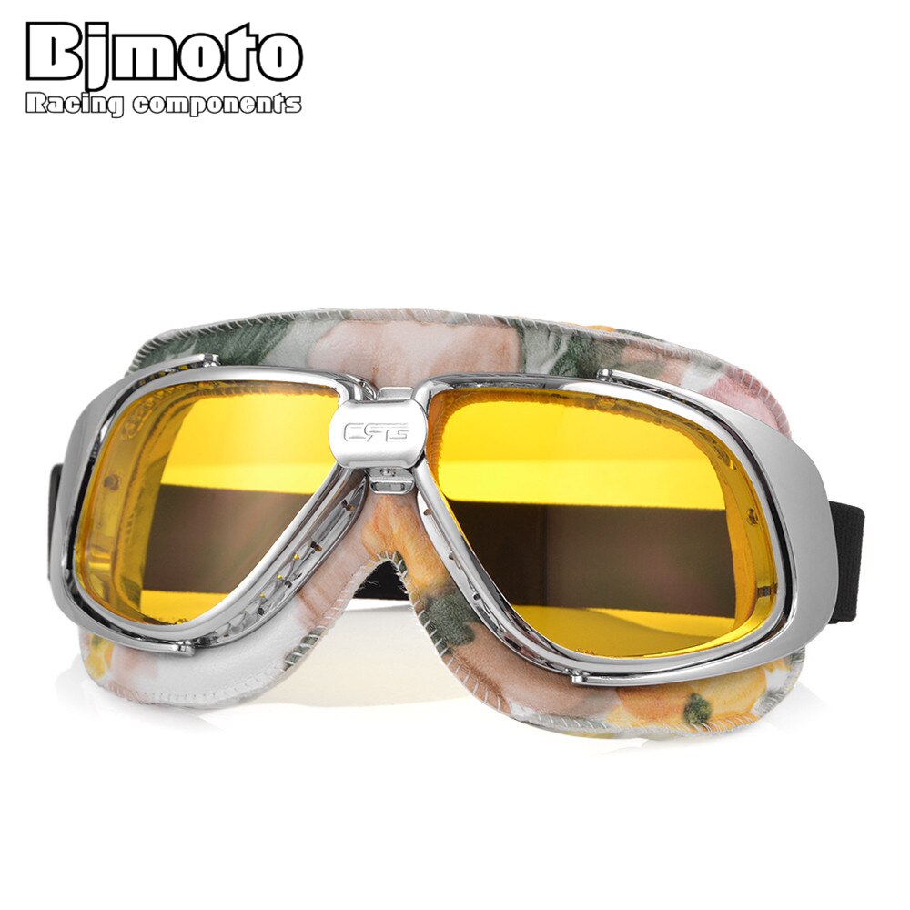 Vintage Aviator Style Motorcycle Scooter Goggles Black Chrome Yellow Lens